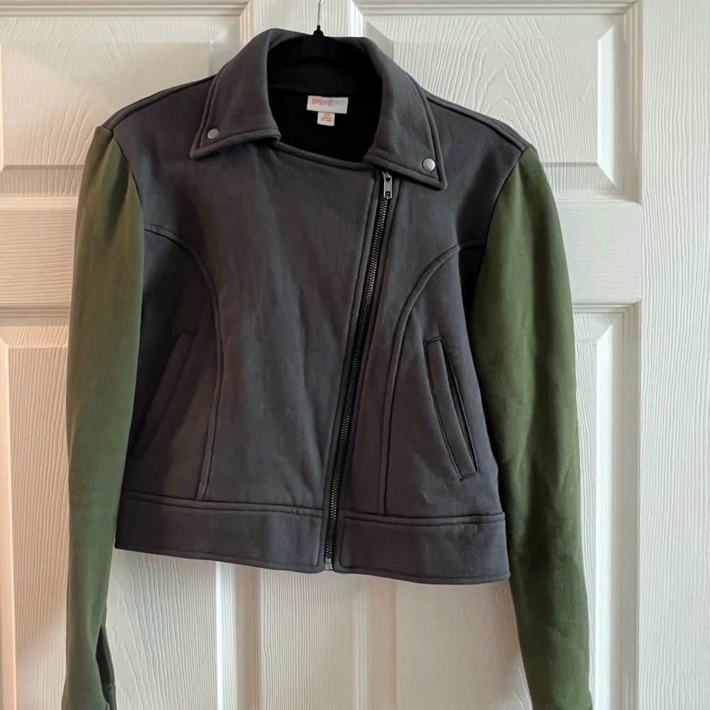 LuLaRoe Green and Gray Bomber Jacket with Asymmetrical Design